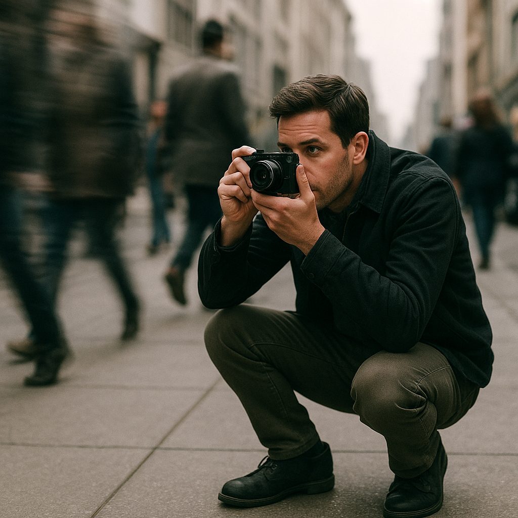 A photographer raising a small camera on a busy city street in afternoon light
